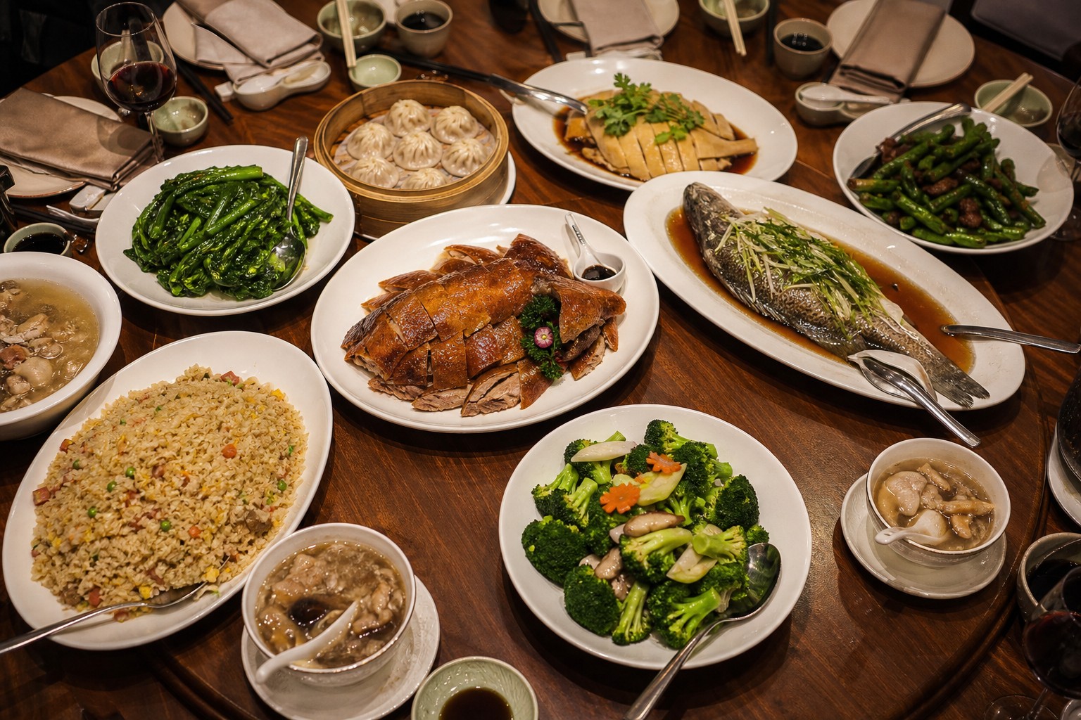 Catering spread: banquet trays and family-style dishes